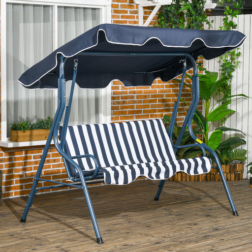 3 Seater Garden Swing Seat Chair Outdoor Bench with Adjustable Canopy and Metal Frame, Blue Stripes