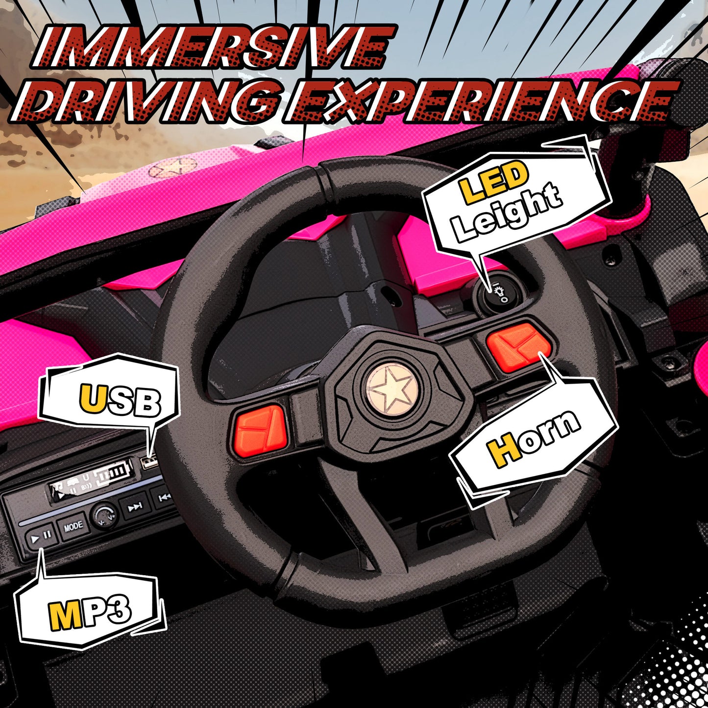 12V Kids Ride On Car, Electric Car for Kids UTV with Remote Control, Slow Start, Suspension System, LED Lights, Music, USB Port, for Boys Girls 3-5 Years, Pink