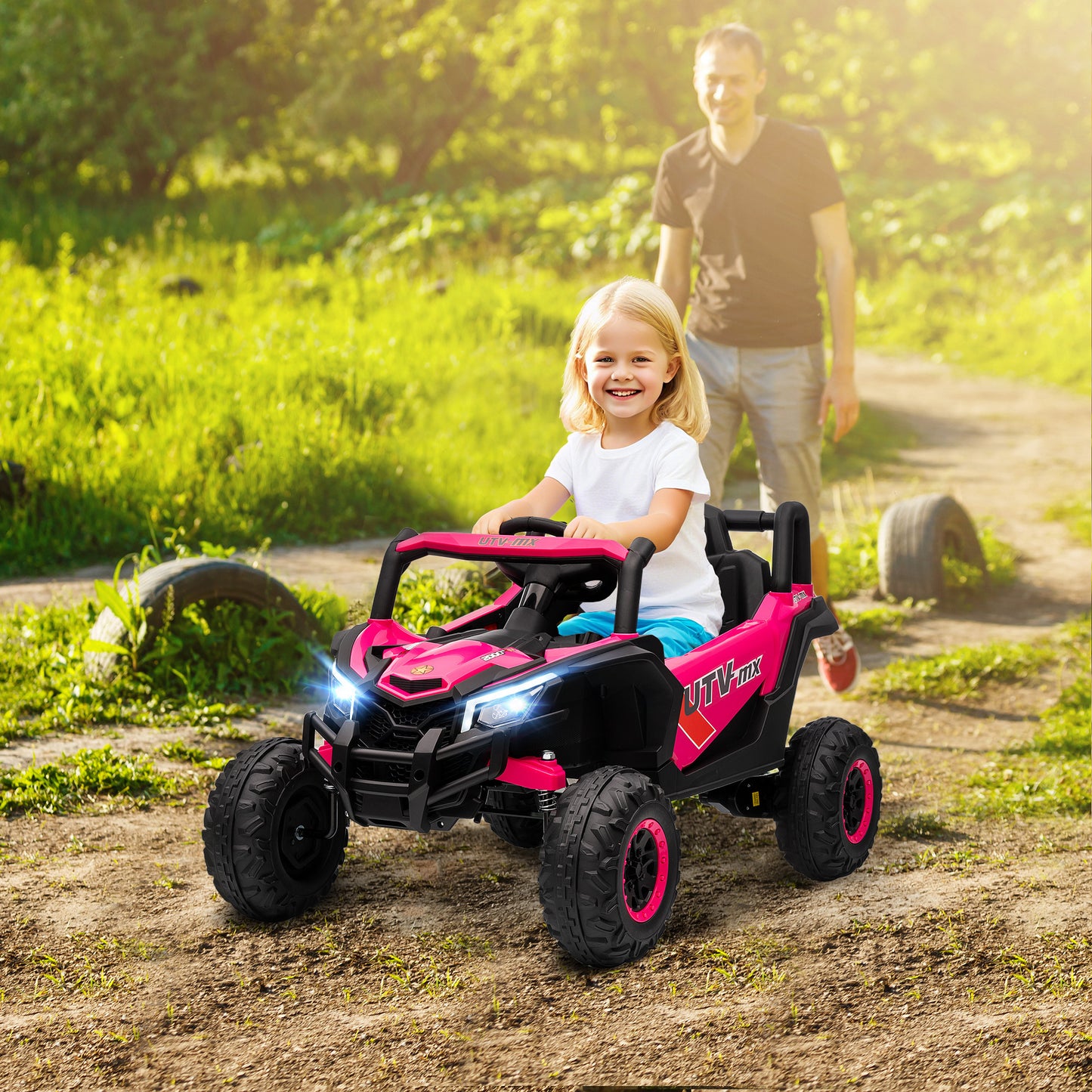 12V Kids Ride On Car, Electric Car for Kids UTV with Remote Control, Slow Start, Suspension System, LED Lights, Music, USB Port, for Boys Girls 3-5 Years, Pink