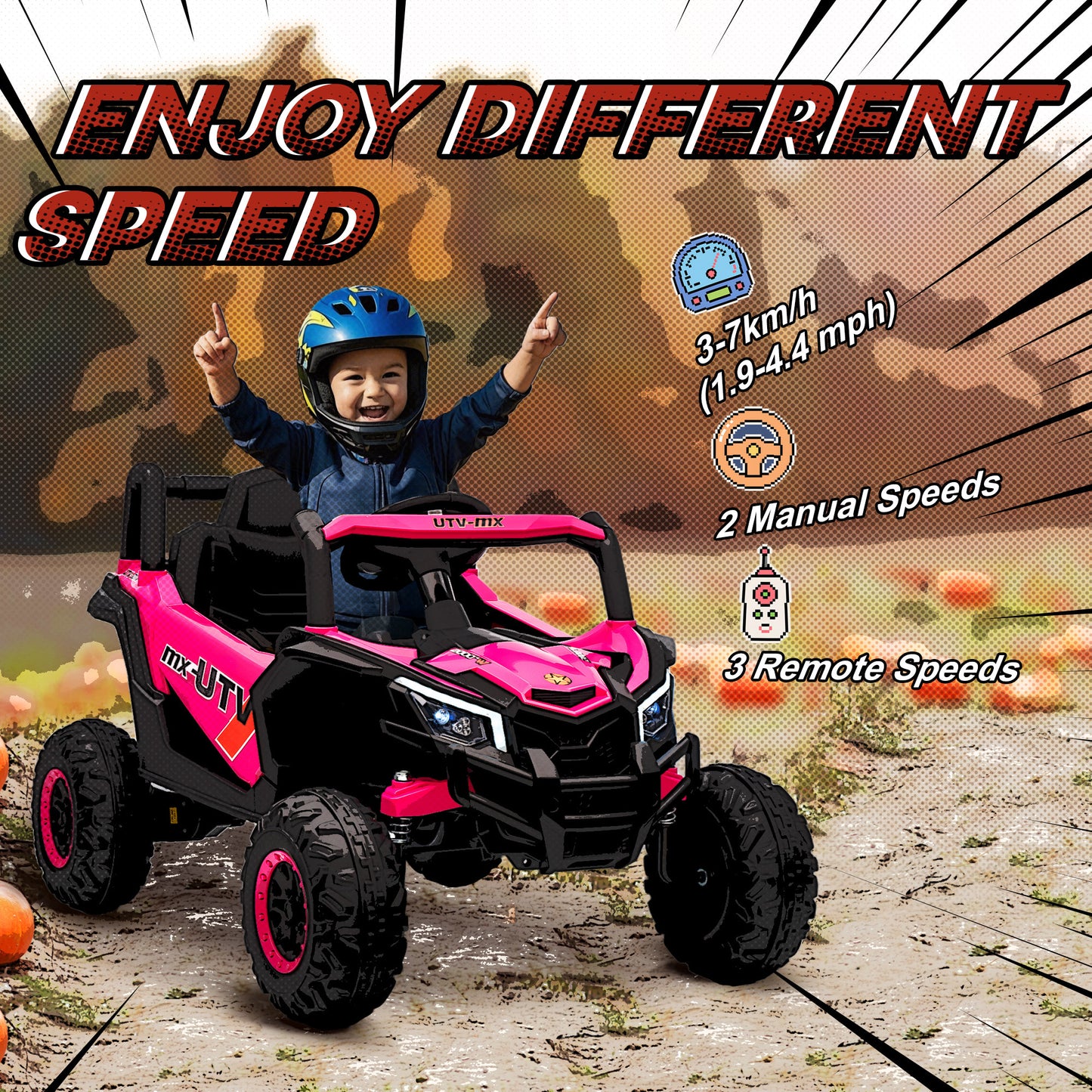12V Kids Ride On Car, Electric Car for Kids UTV with Remote Control, Slow Start, Suspension System, LED Lights, Music, USB Port, for Boys Girls 3-5 Years, Pink