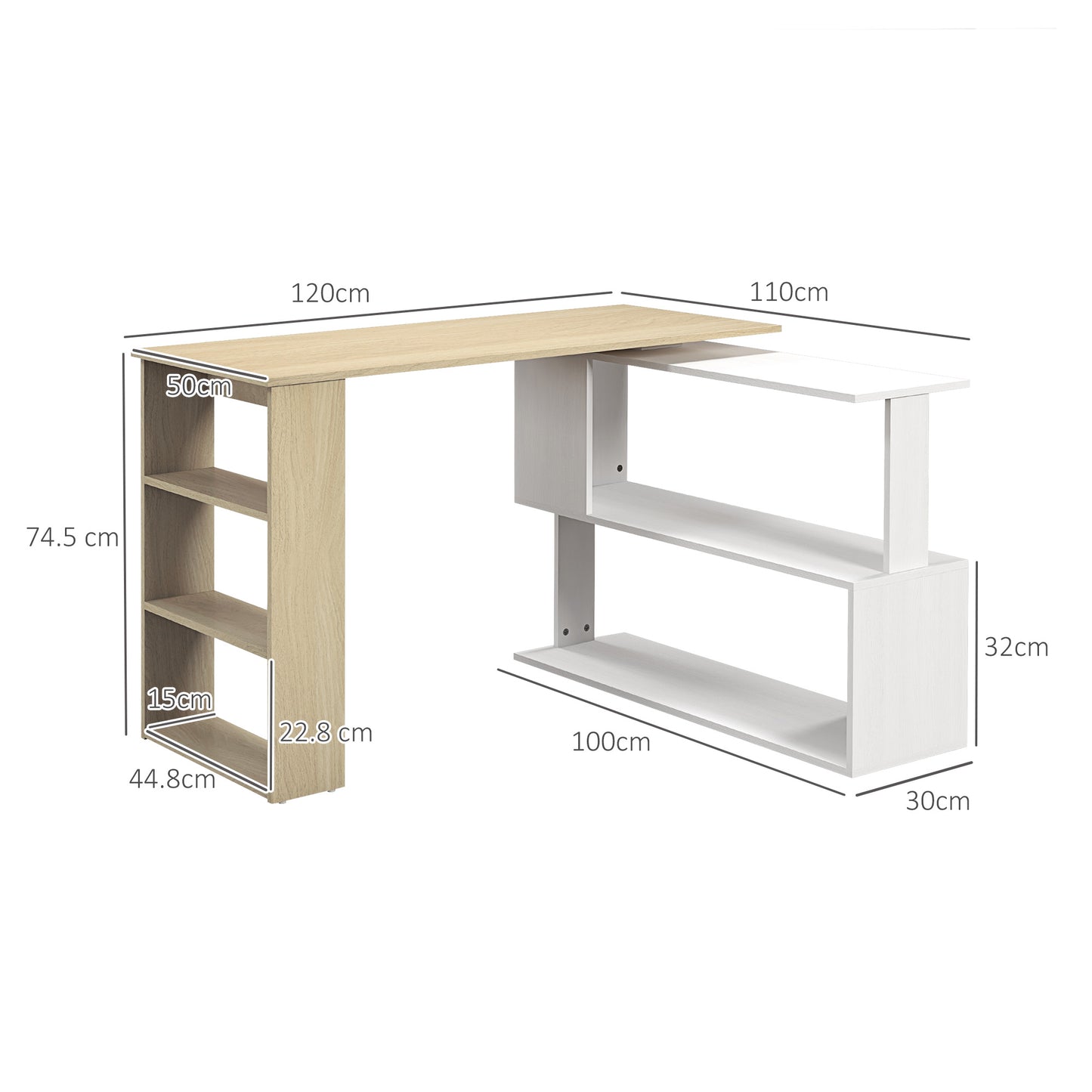 Corner Desk with Rotating Design and Bookshelf, Natural and White