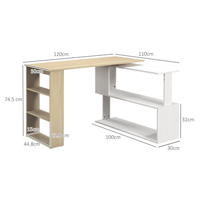 Corner Desk with Rotating Design and Bookshelf, Natural and White