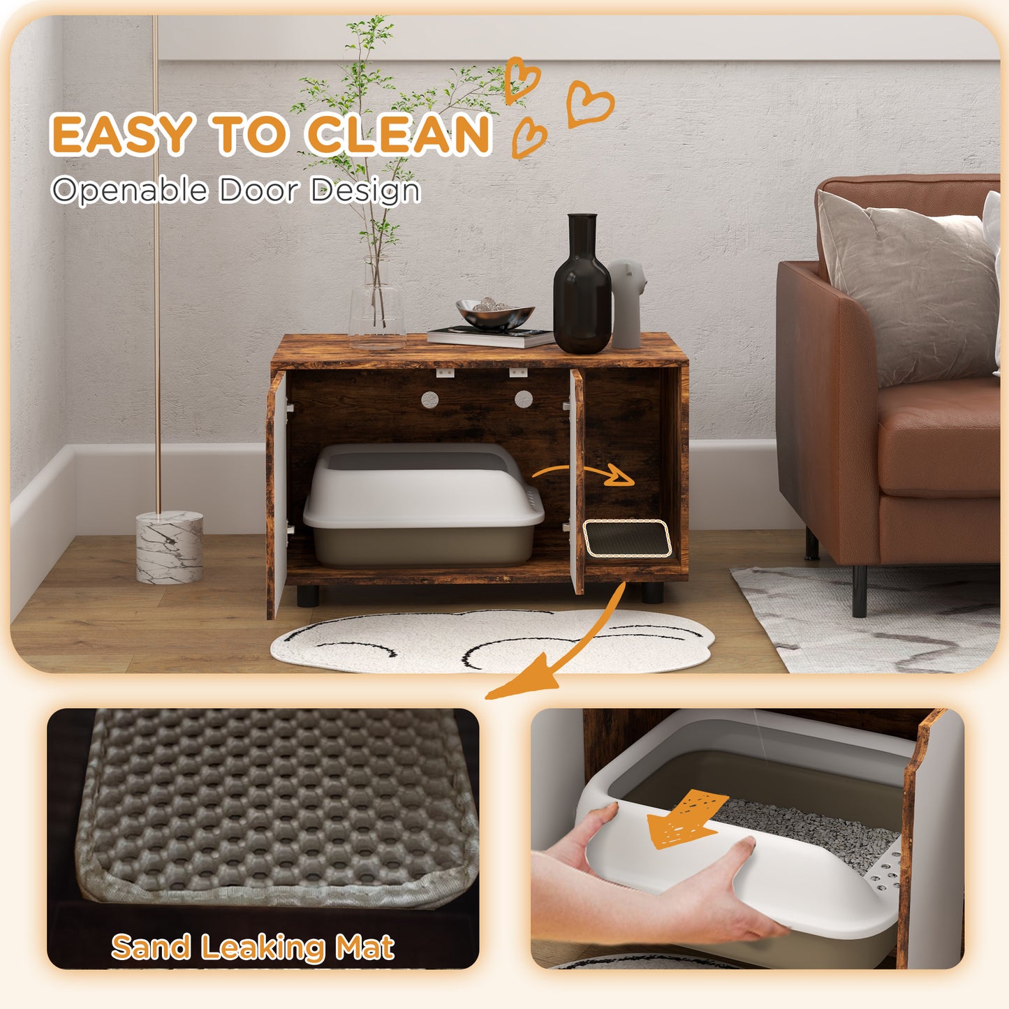 Hidden Cat Litter Box Furniture w/ Sand Drain Pad - Rustic Brown