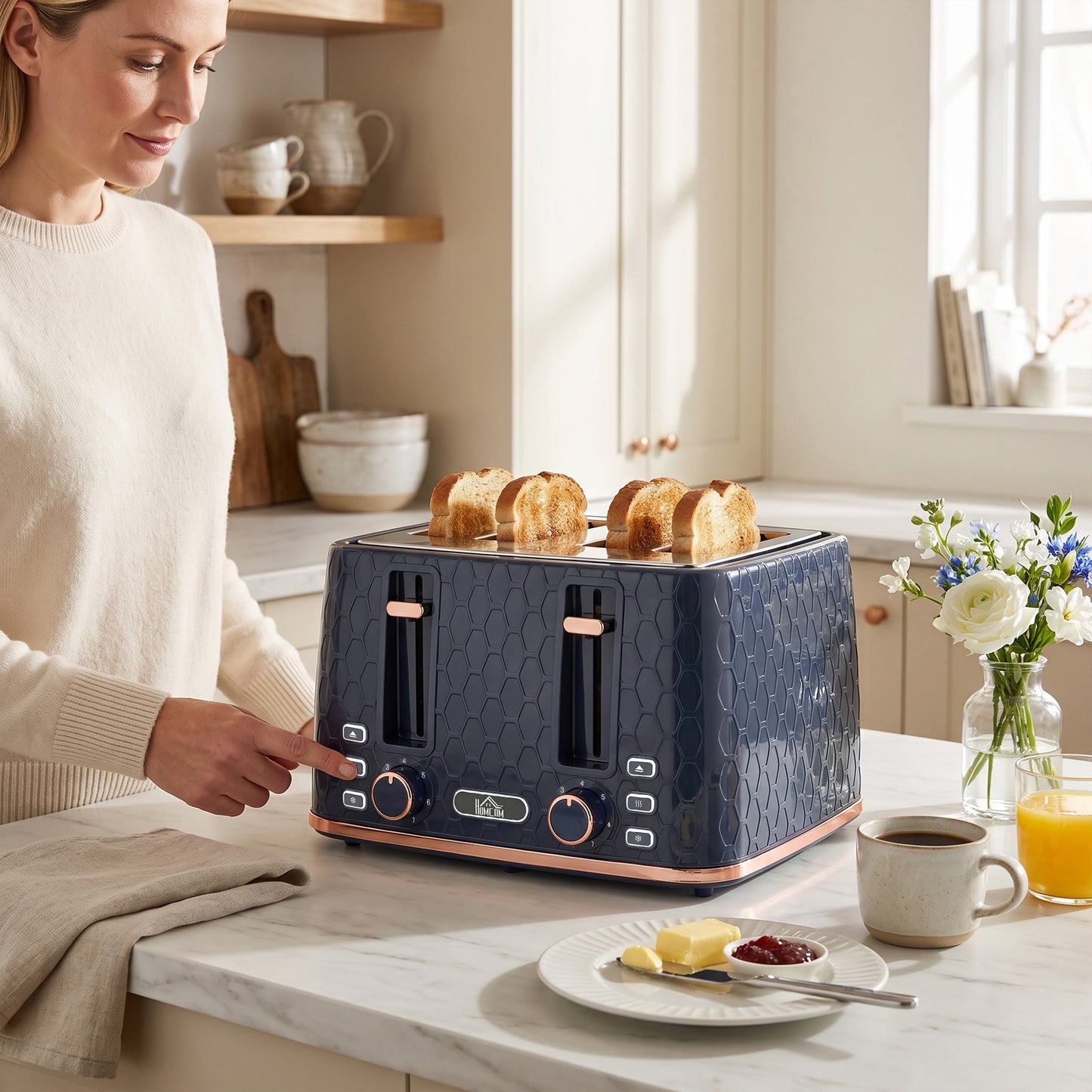 Toaster with 4 Slot, 7 Browning Levels, 1860W, Honeycomb, Dark Blue