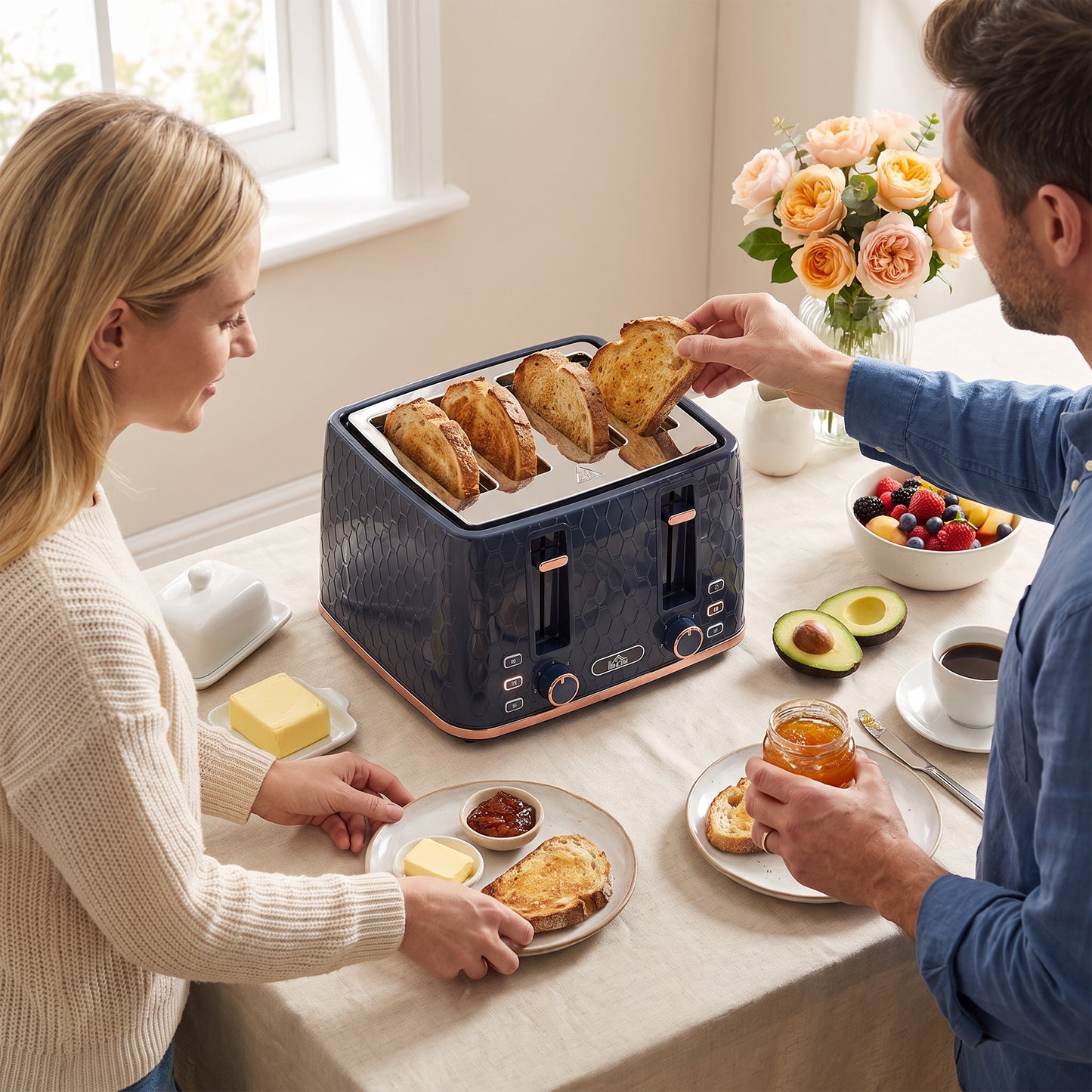 Toaster with 4 Slot, 7 Browning Levels, 1860W, Honeycomb, Dark Blue