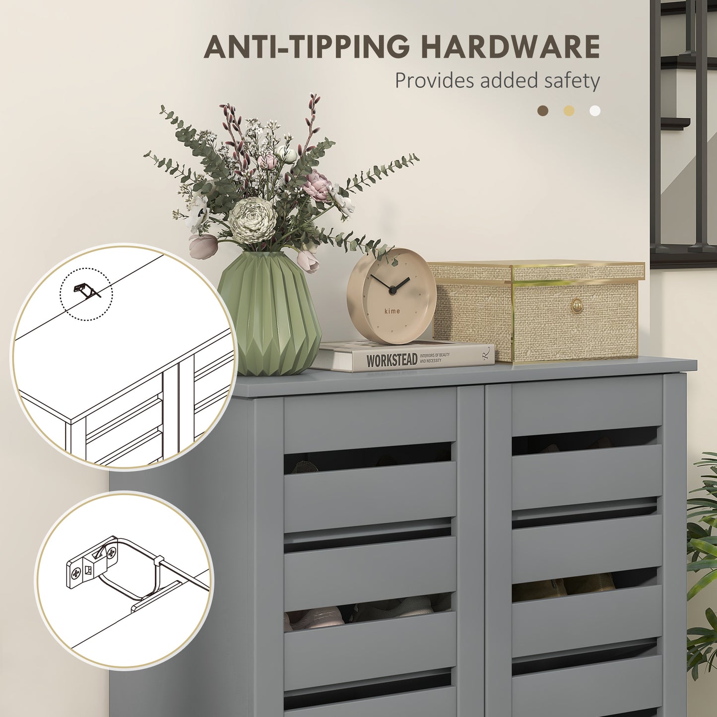 Shoe Storage Cabinet with Slatted Doors for 15 Pairs of Shoes Grey