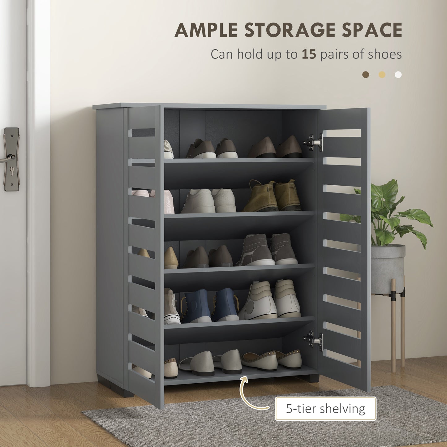 Shoe Storage Cabinet with Slatted Doors for 15 Pairs of Shoes Grey