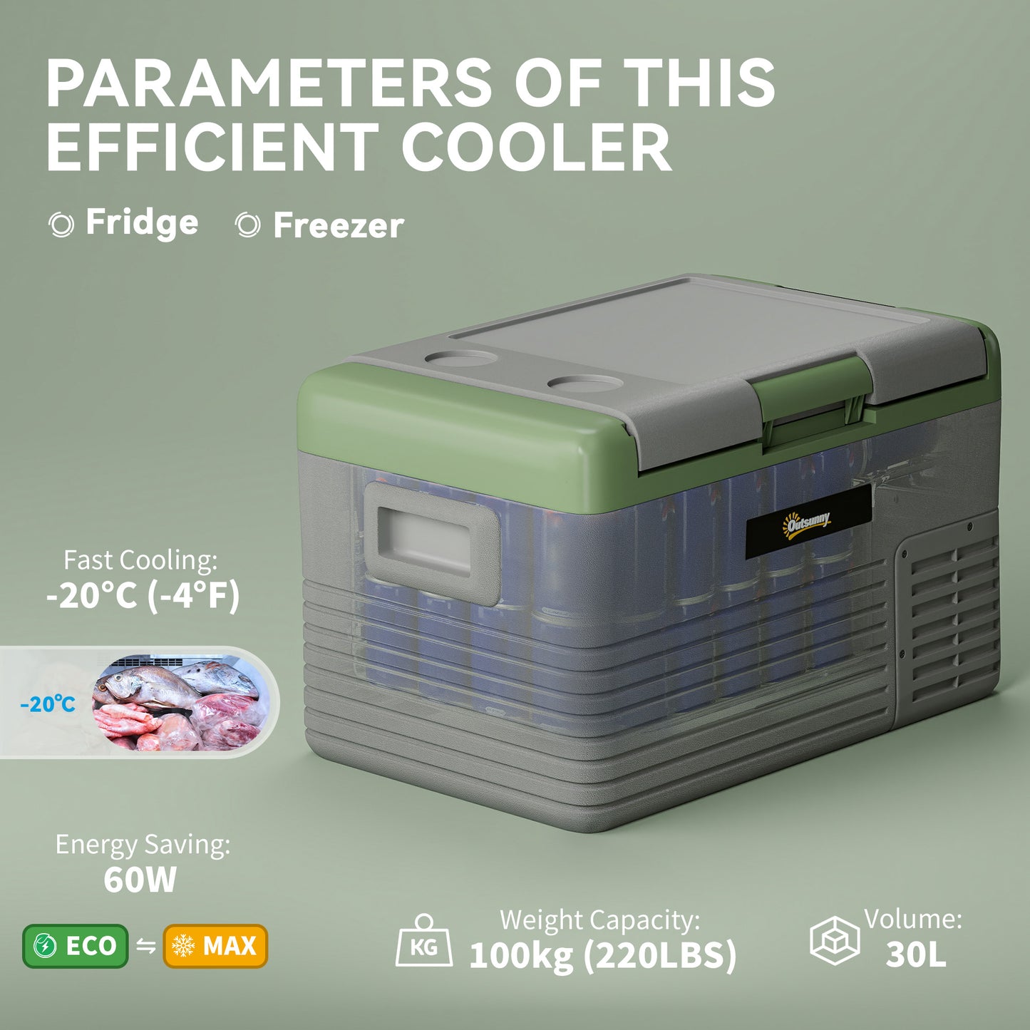 30L Car Refrigerator 12V Portable Freezer for Camping, Light Green