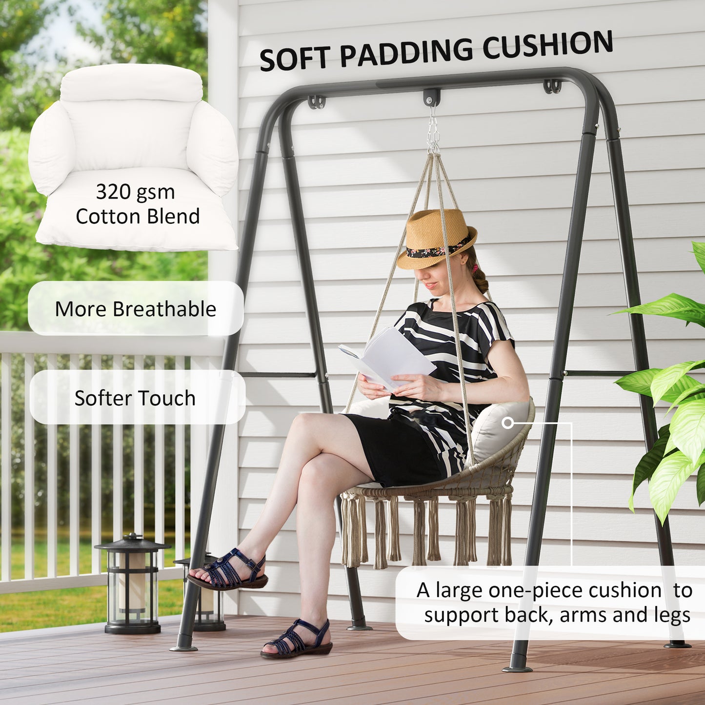 Hammock Chair, Boho Hanging Swing Chair with Cushion, Cream White