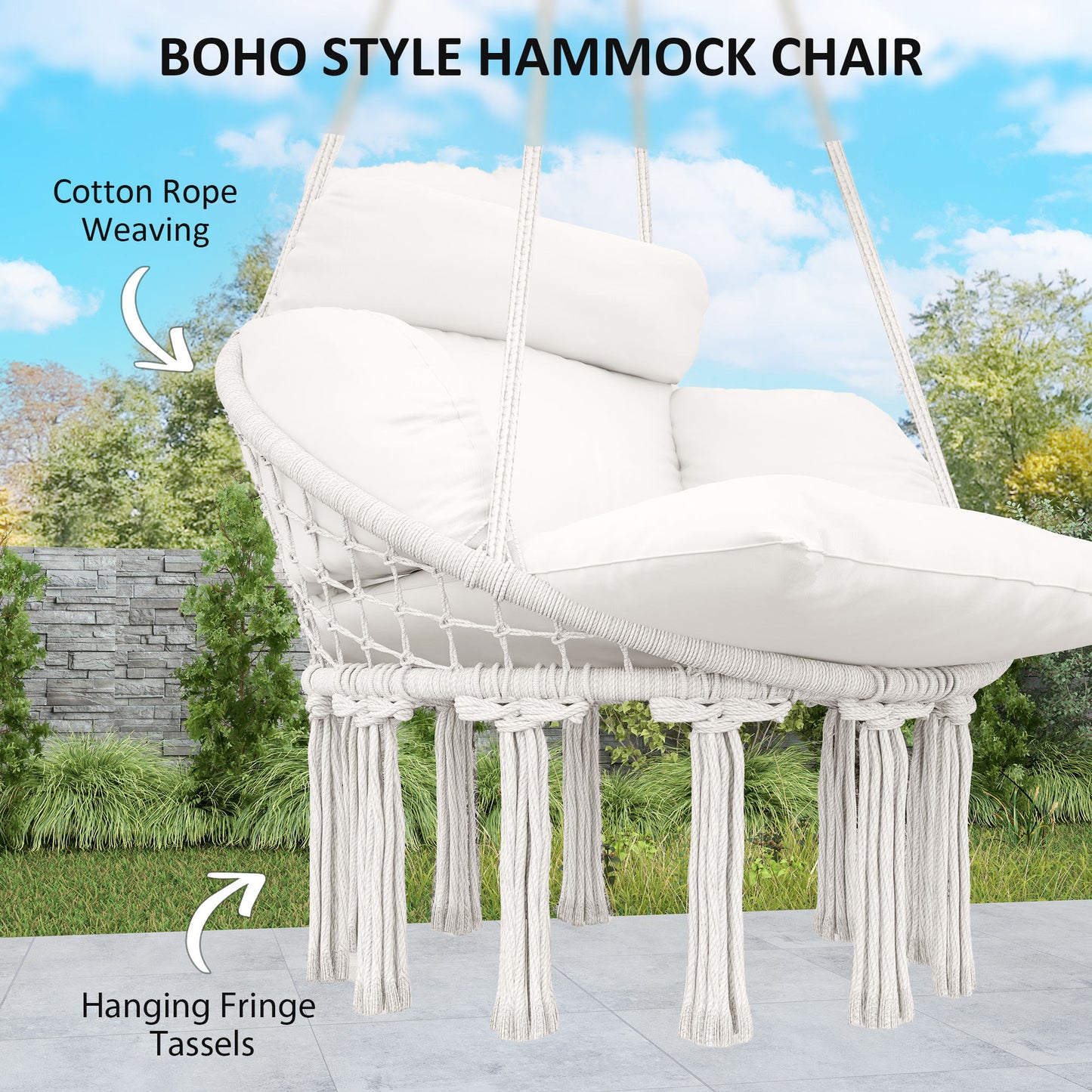 Hammock Chair, Boho Hanging Swing Chair with Cushion, Cream White