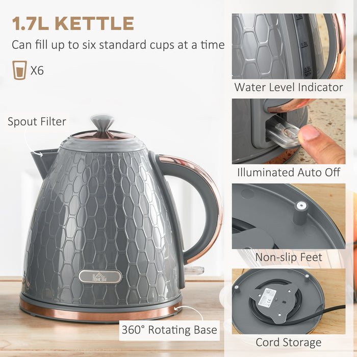 1.7L 3000W Fast Boil Kettle & 4 Slice Toaster Set, Kettle and Toaster Set with 7 Browning Controls, Crumb Tray, Grey