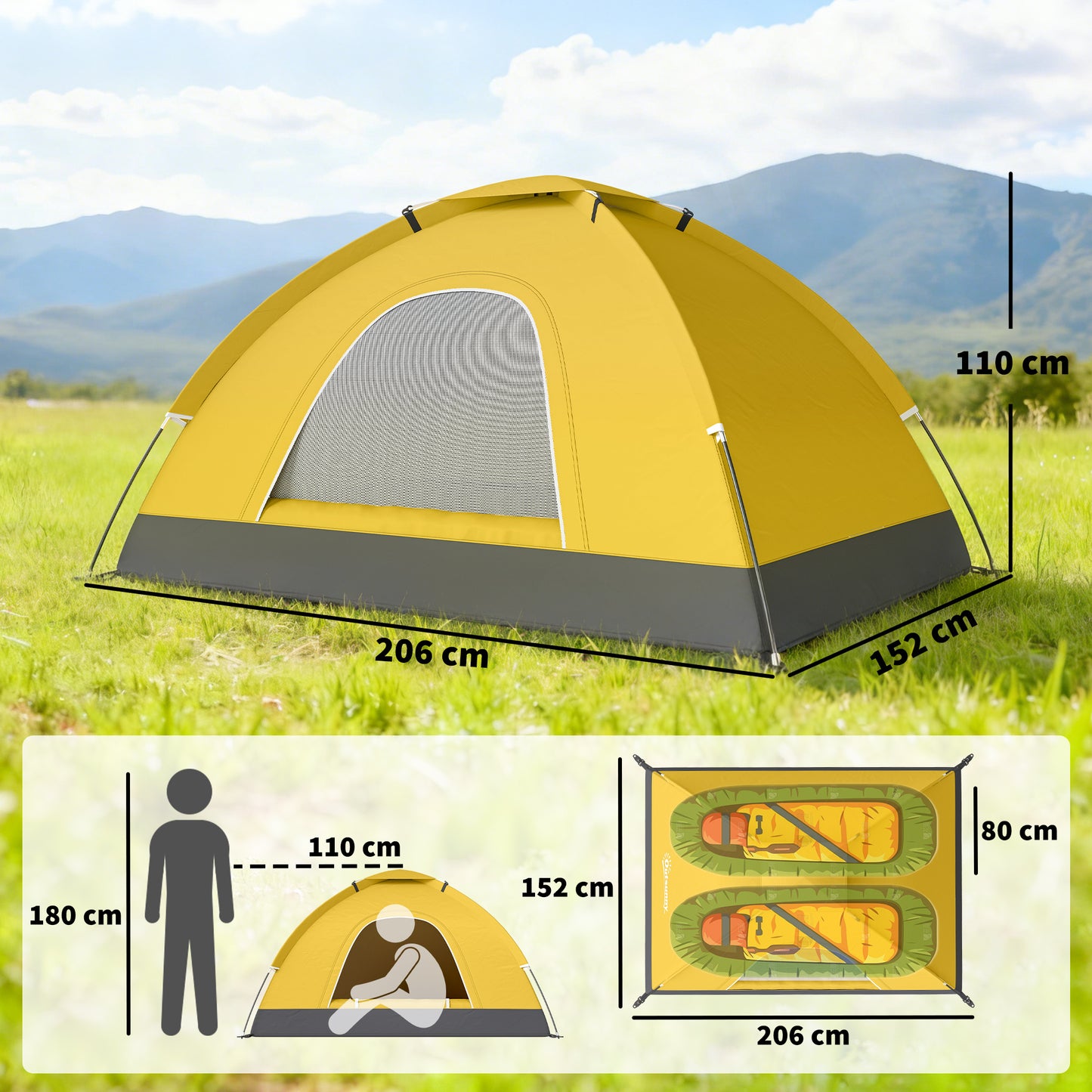 2 Person Camping Tent, Dome Tent with Storage Pocket, Yellow