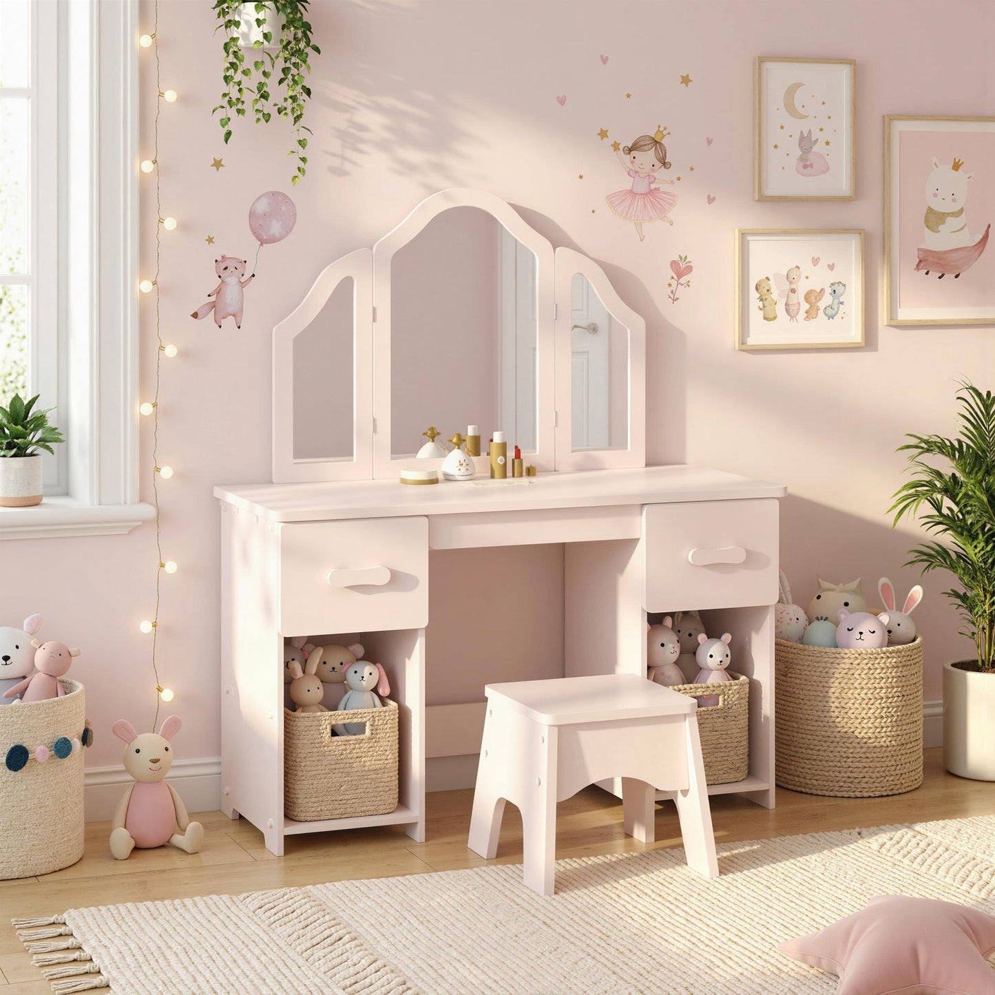 Kids Vanity Table and Chair Set with Tri-Folding Mirror for 3+
