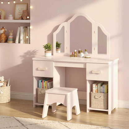 Kids Vanity Table and Chair Set with Tri-Folding Mirror for 3+