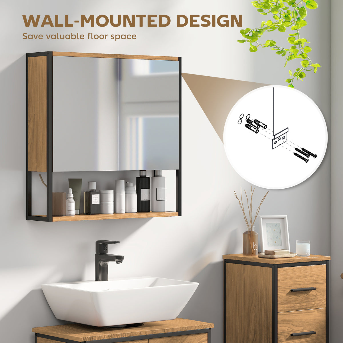 Industrial Bathroom Cabinet with 2 Mirrored Doors Open Shelf, Natural
