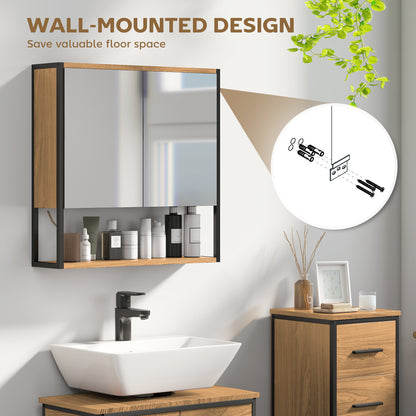 Industrial Bathroom Cabinet with 2 Mirrored Doors Open Shelf, Natural