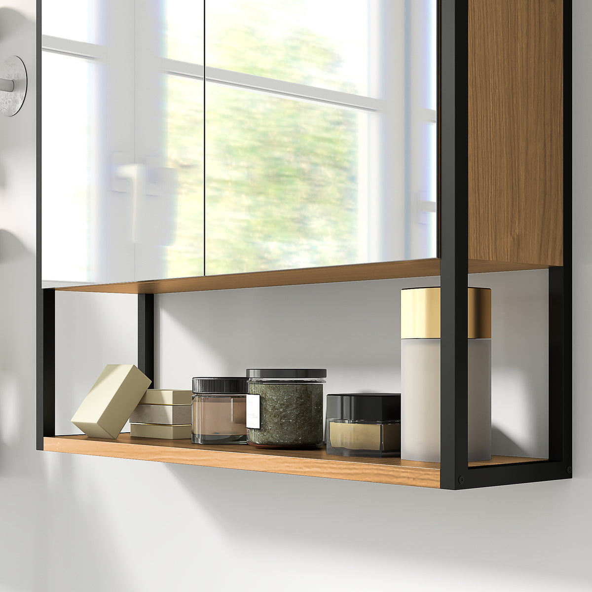 Industrial Bathroom Cabinet with 2 Mirrored Doors Open Shelf, Natural