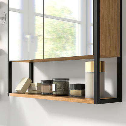 Industrial Bathroom Cabinet with 2 Mirrored Doors Open Shelf, Natural