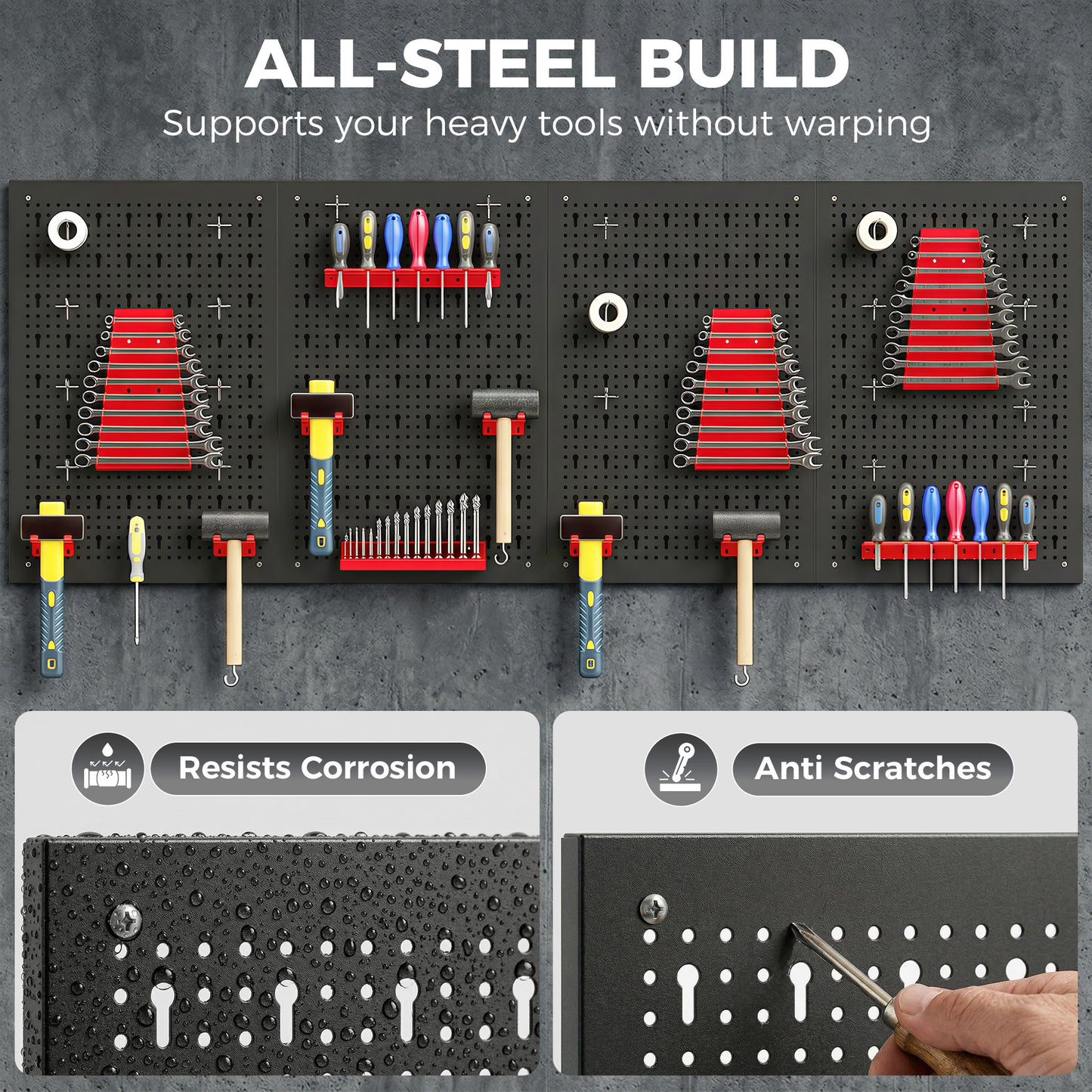38 Pcs Wall-Mounted Pegboard with Hooks and Storage Shelves, 4 Panels Set Garage DIY Storage Unit Black and Red