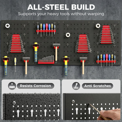 38 Pcs Wall-Mounted Pegboard with Hooks and Storage Shelves, 4 Panels Set Garage DIY Storage Unit Black and Red