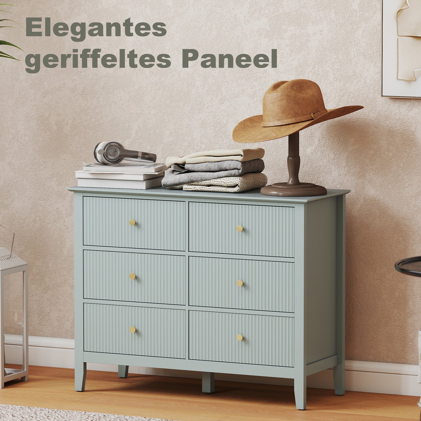 Fluted Chest of Drawers 6 Drawer Dresser for Bedroom Hallway Green