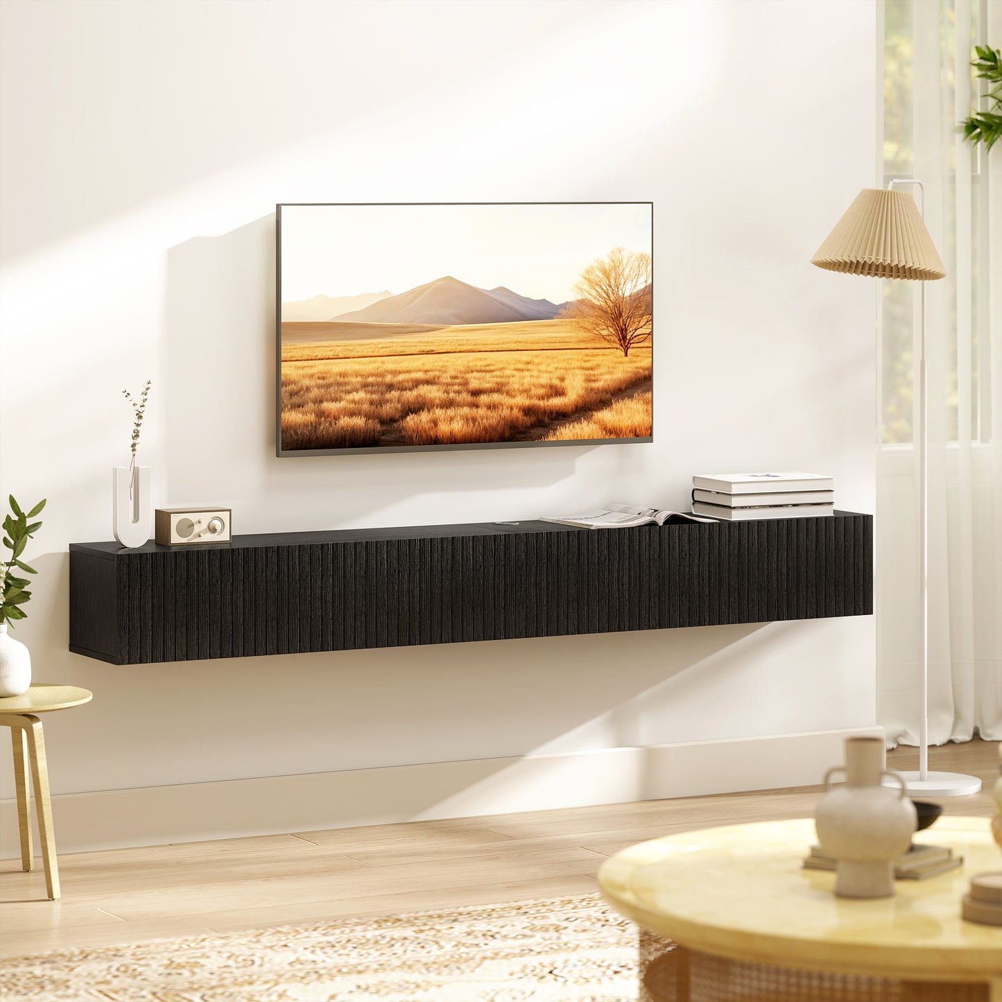 Wall Mount TV Stand Cabinet with Fluted Flip-Down Doors