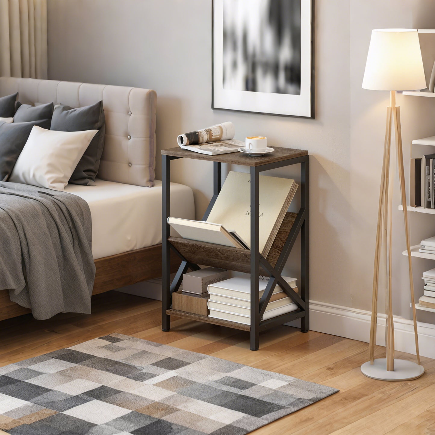 Narrow Side Table, End Table with 3-Tier Storage for Living Room