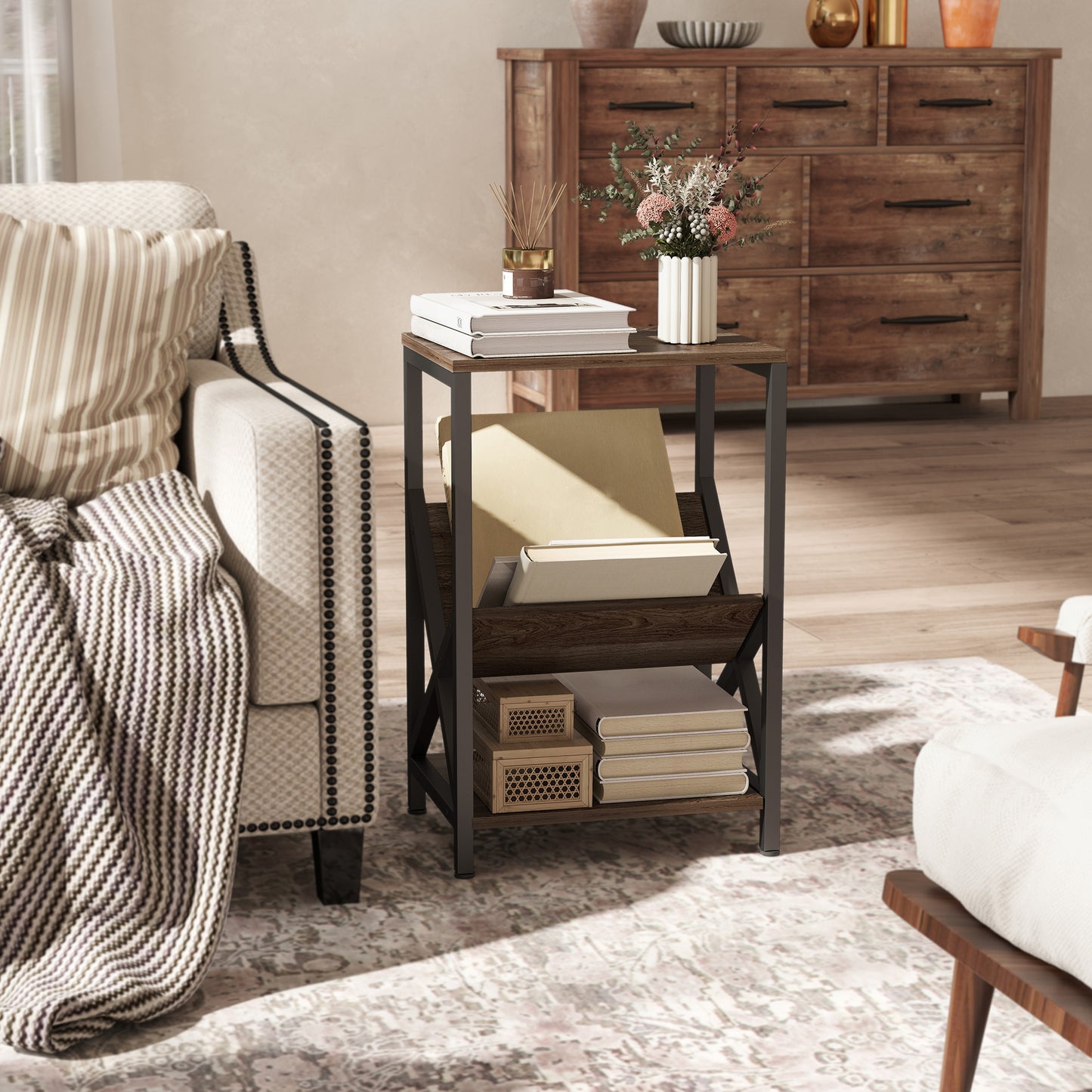 Narrow Side Table, End Table with 3-Tier Storage for Living Room