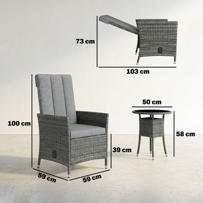 Rattan Bistro Set, Reclining Garden Chairs and Table, Grey