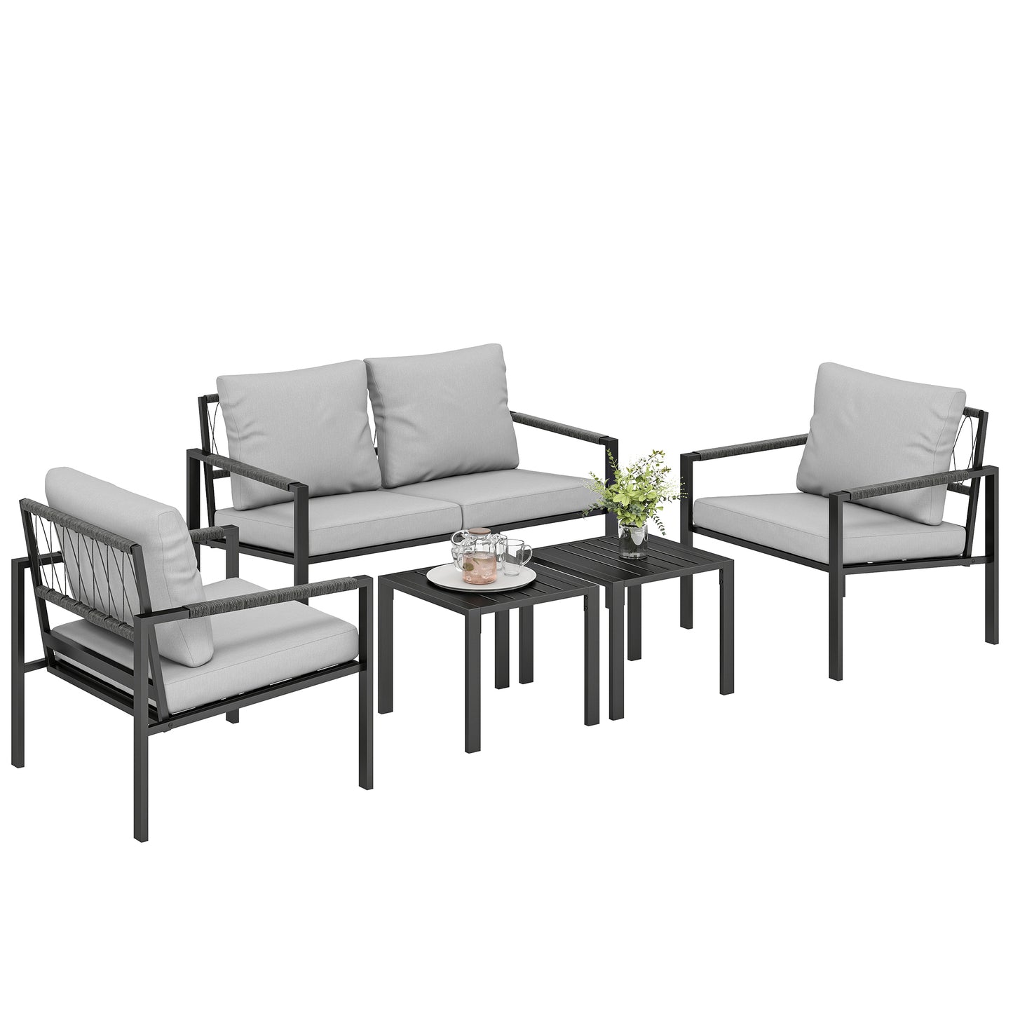 5 Piece Metal Garden Furniture Sofa Set with Cushions, Light Grey