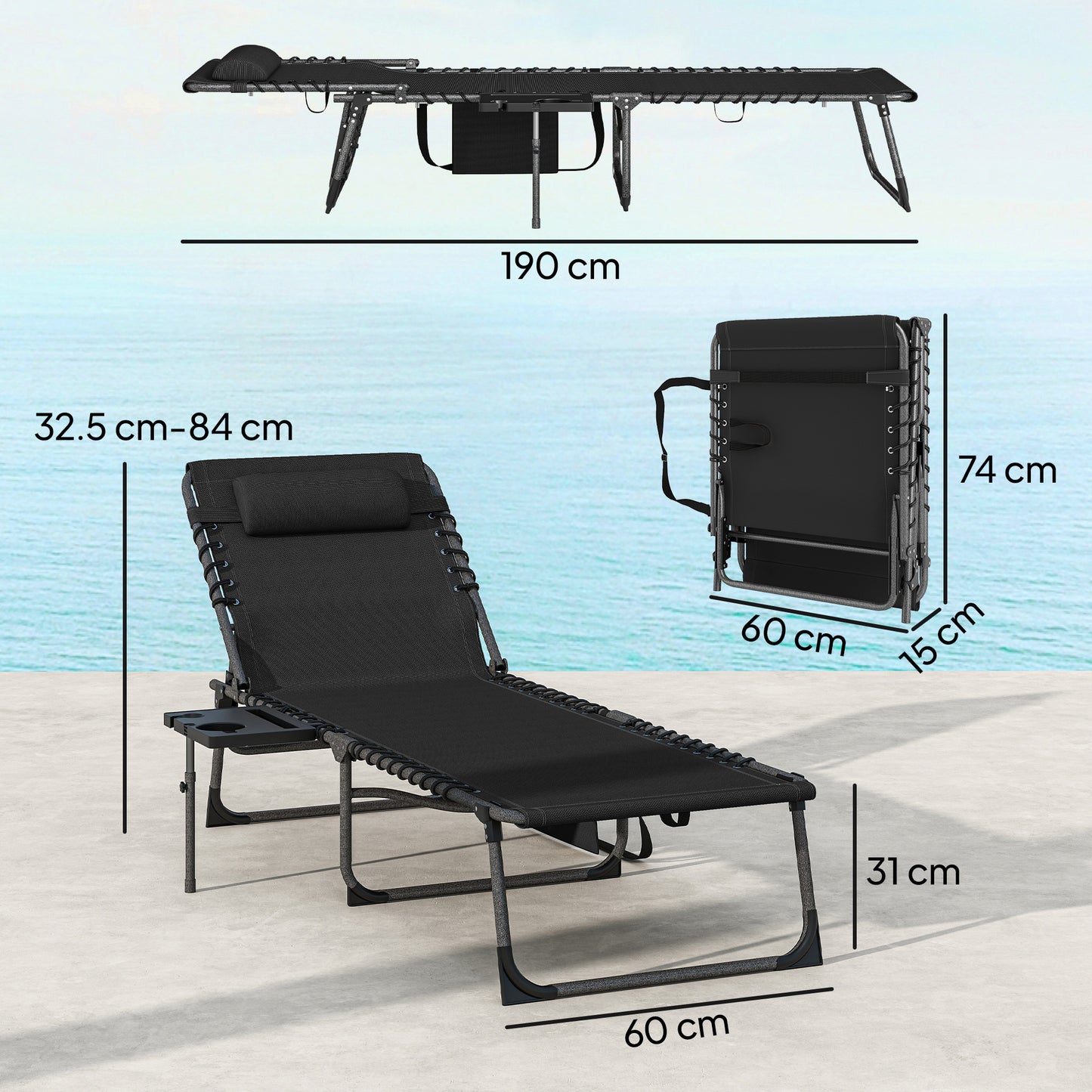 Folding Sun Loungers with 5-Level Back, Cup Holder, Black