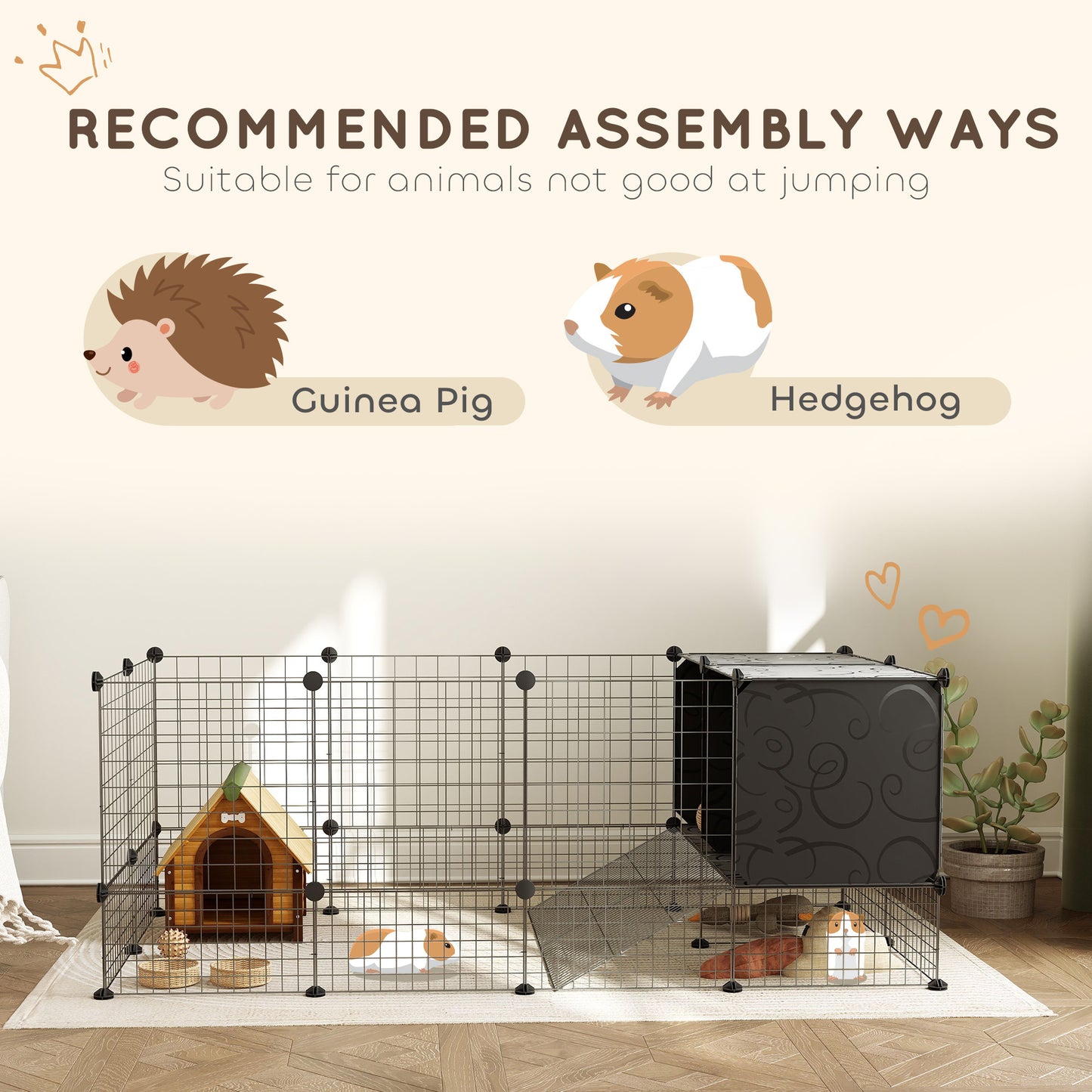 DIY Small Animal Cage w/ Elevated Huts, for Guinea Pigs, Rabbits