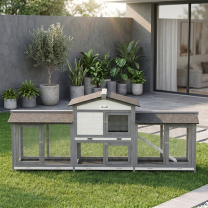 Rabbit Hutch, Guinea Pig Hutch, 2-Tier Bunny House w/ Run, Grey