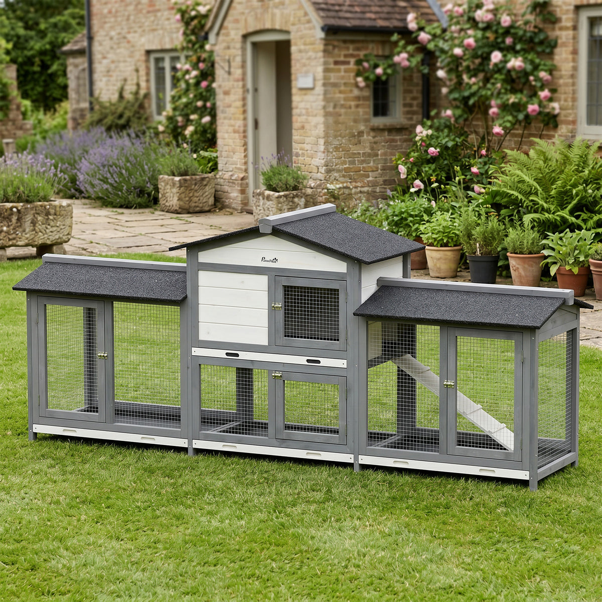 Rabbit Hutch, Guinea Pig Hutch, 2-Tier Bunny House w/ Run, Grey