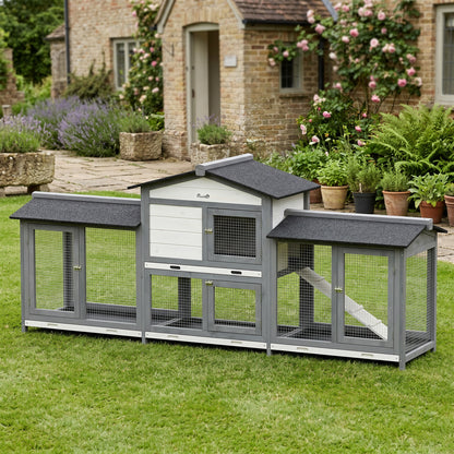 Rabbit Hutch, Guinea Pig Hutch, 2-Tier Bunny House w/ Run, Grey