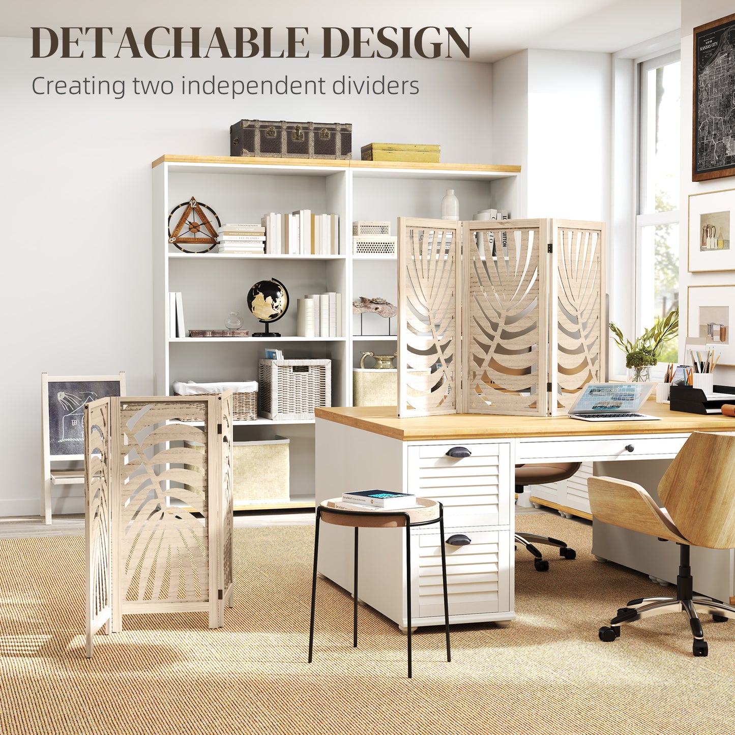 3 Panel Room Divider, Detachable Privacy Screens, Natural Wood