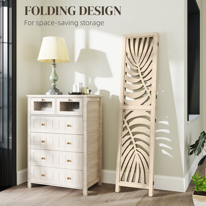 3 Panel Privacy Screens with Palm Leaf Design, Natural Wood Finish