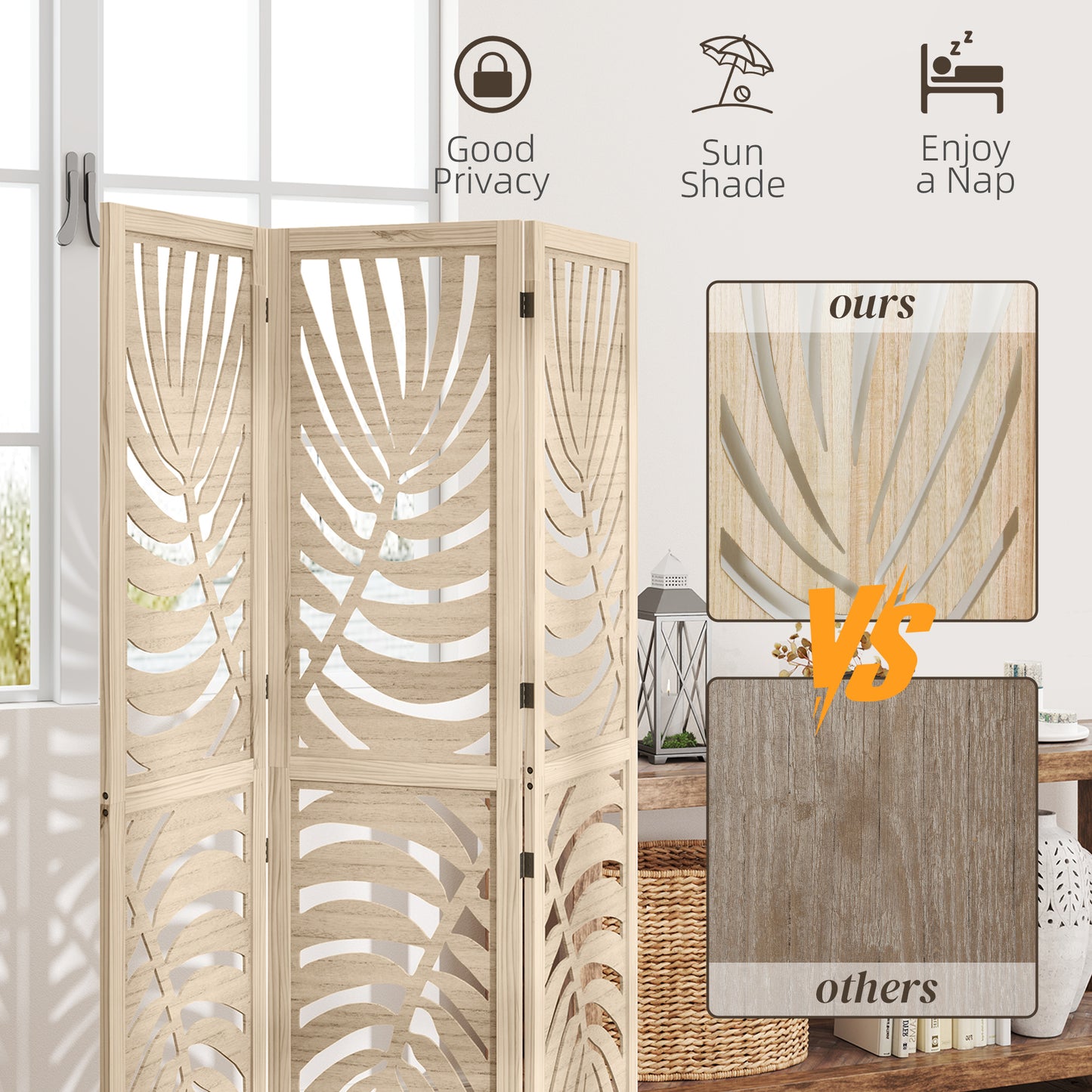 3 Panel Room Divider, Detachable Privacy Screens, Natural Wood