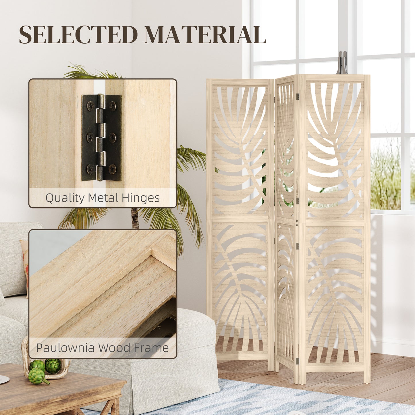 3 Panel Privacy Screens with Palm Leaf Design, Natural Wood Finish