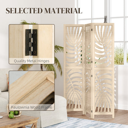 3 Panel Privacy Screens with Palm Leaf Design, Natural Wood Finish