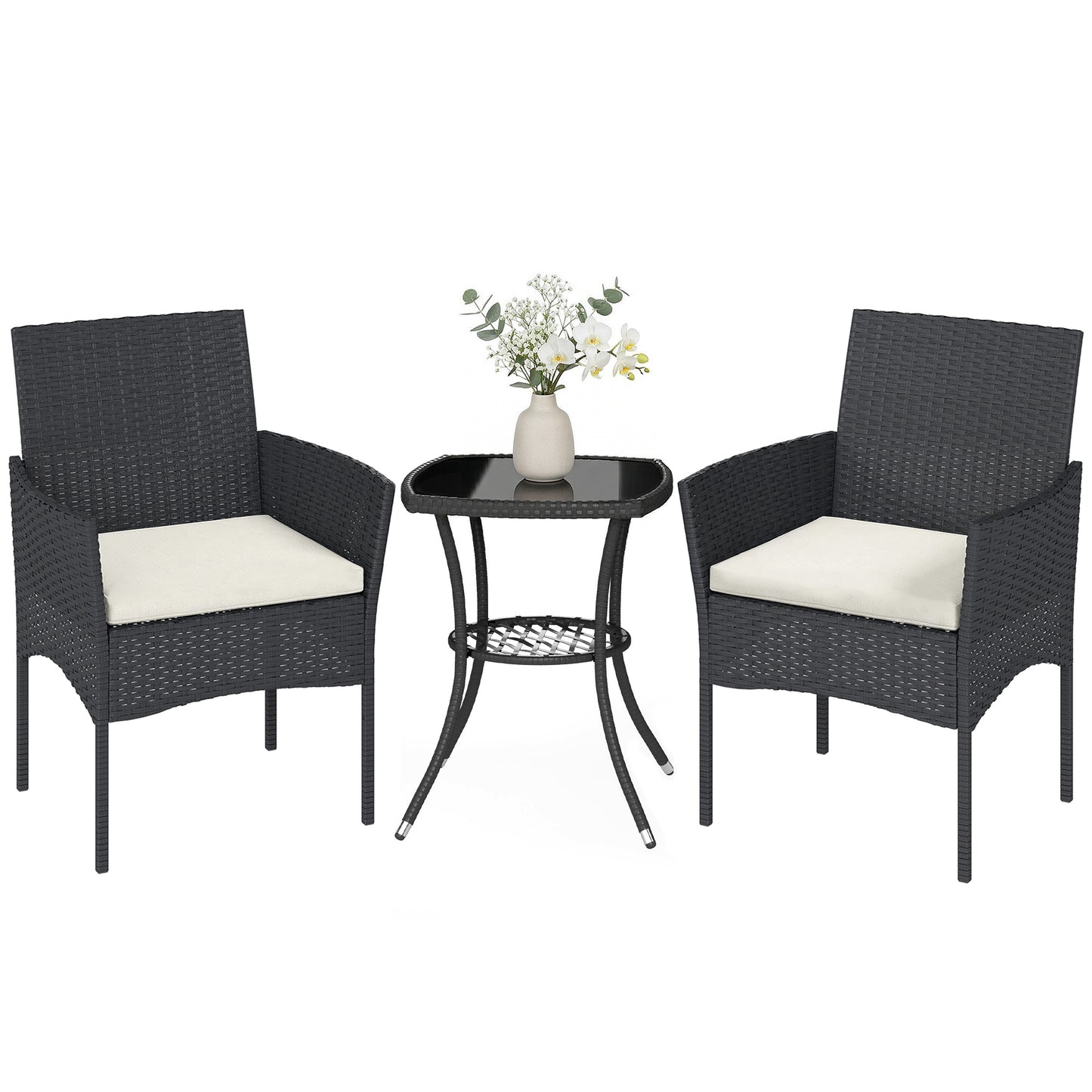 3 Piece Rattan Bistro Set with 2 Tier Glass-Top Table, Chairs