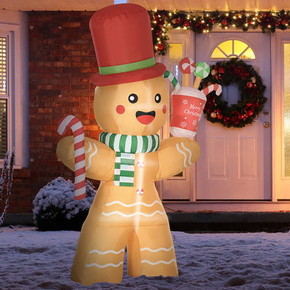 7.5ft Christmas Inflatables Gingerbread Man with Candy Cane LED Lights