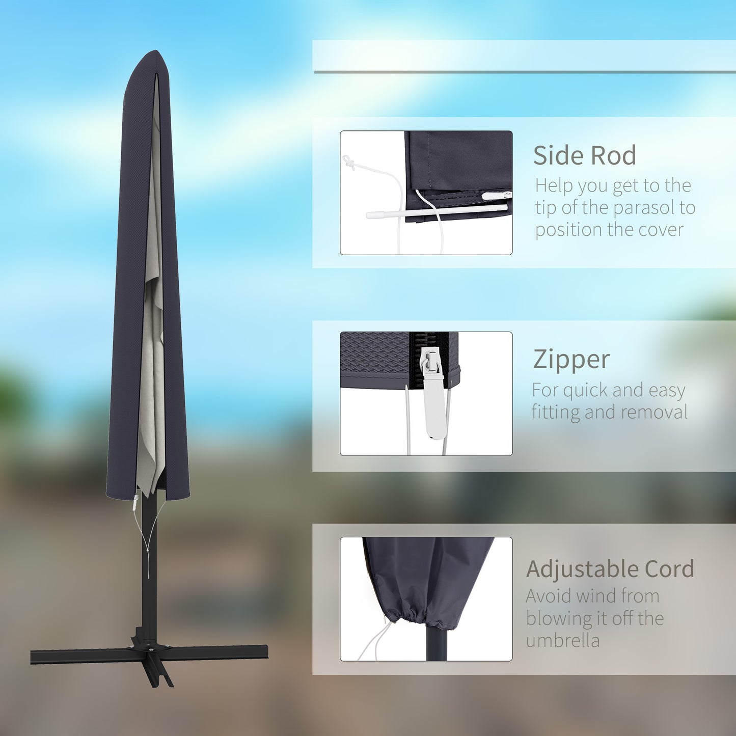 Garden Parasol Cover for 2-4m Outdoor Umbrella Protector w/ Rod, Zipper
