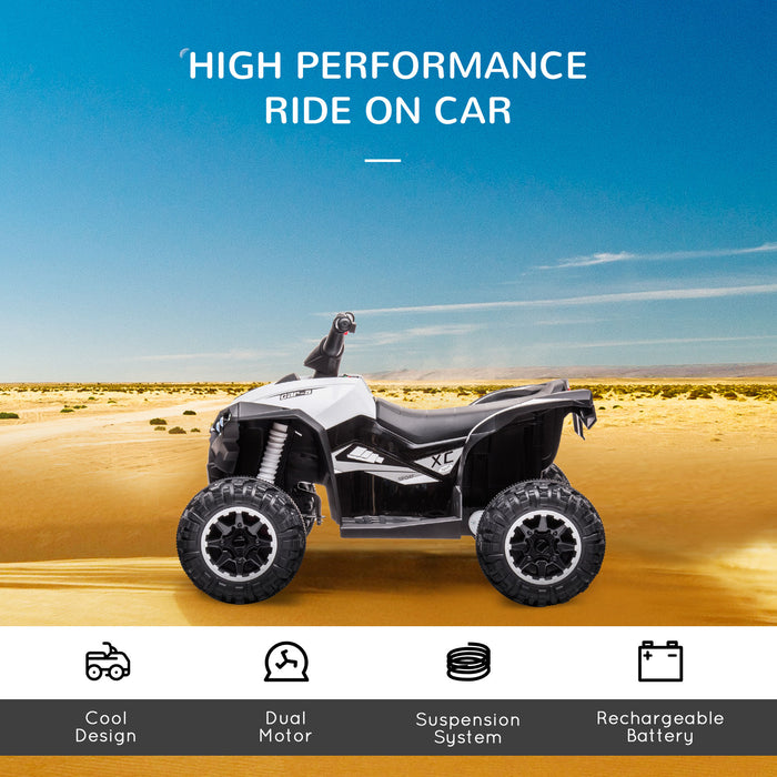 12V Quad Bike with Forward Reverse Functions, Ride on Car ATV Toy with High/Low Speed, Slow Start, Suspension System, Horn, Music, White