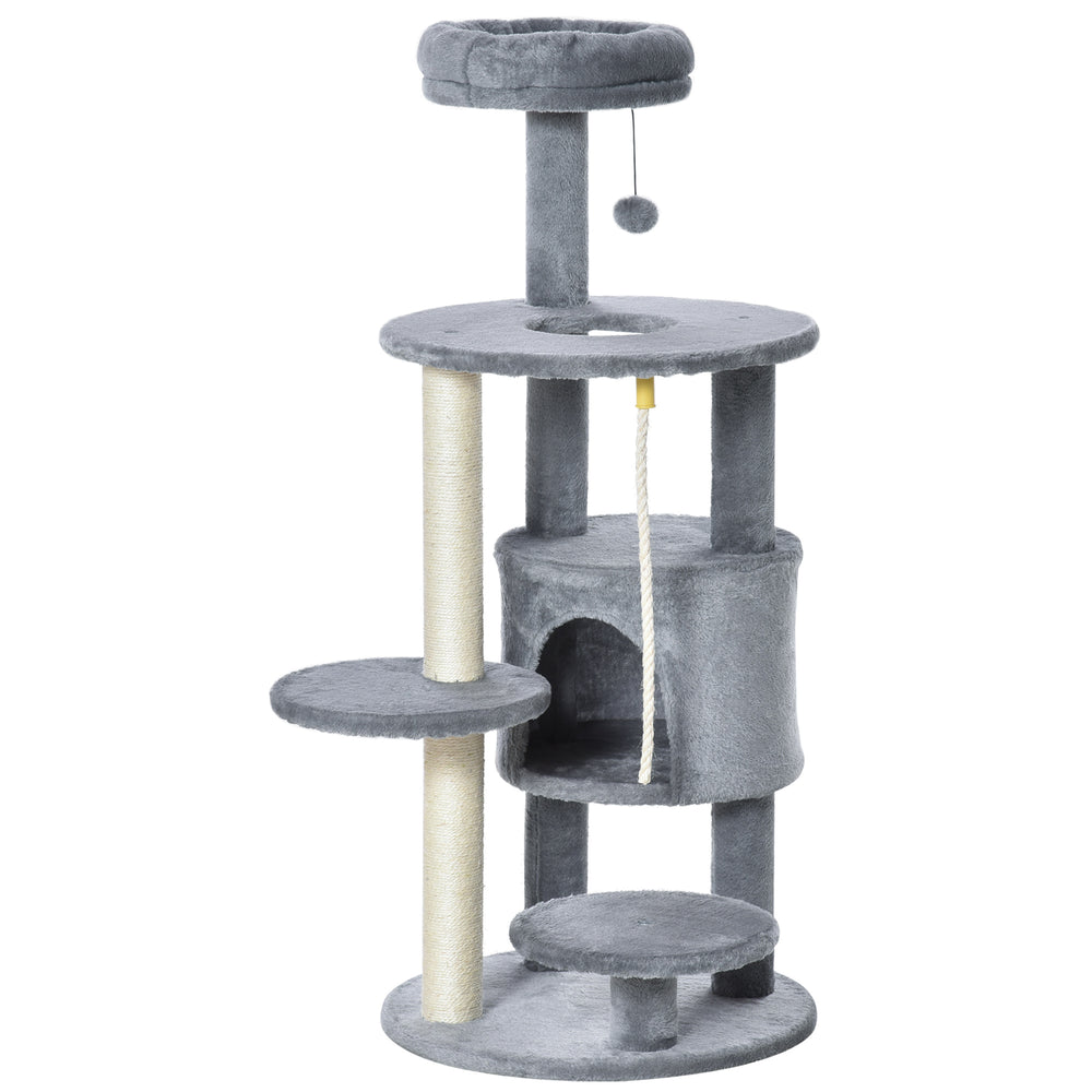 Cat Tree Tower 112cm Climbing Kitten Activity Center with Jute Scratching Post Perch Hanging Ball Toy Teasing Rope grey