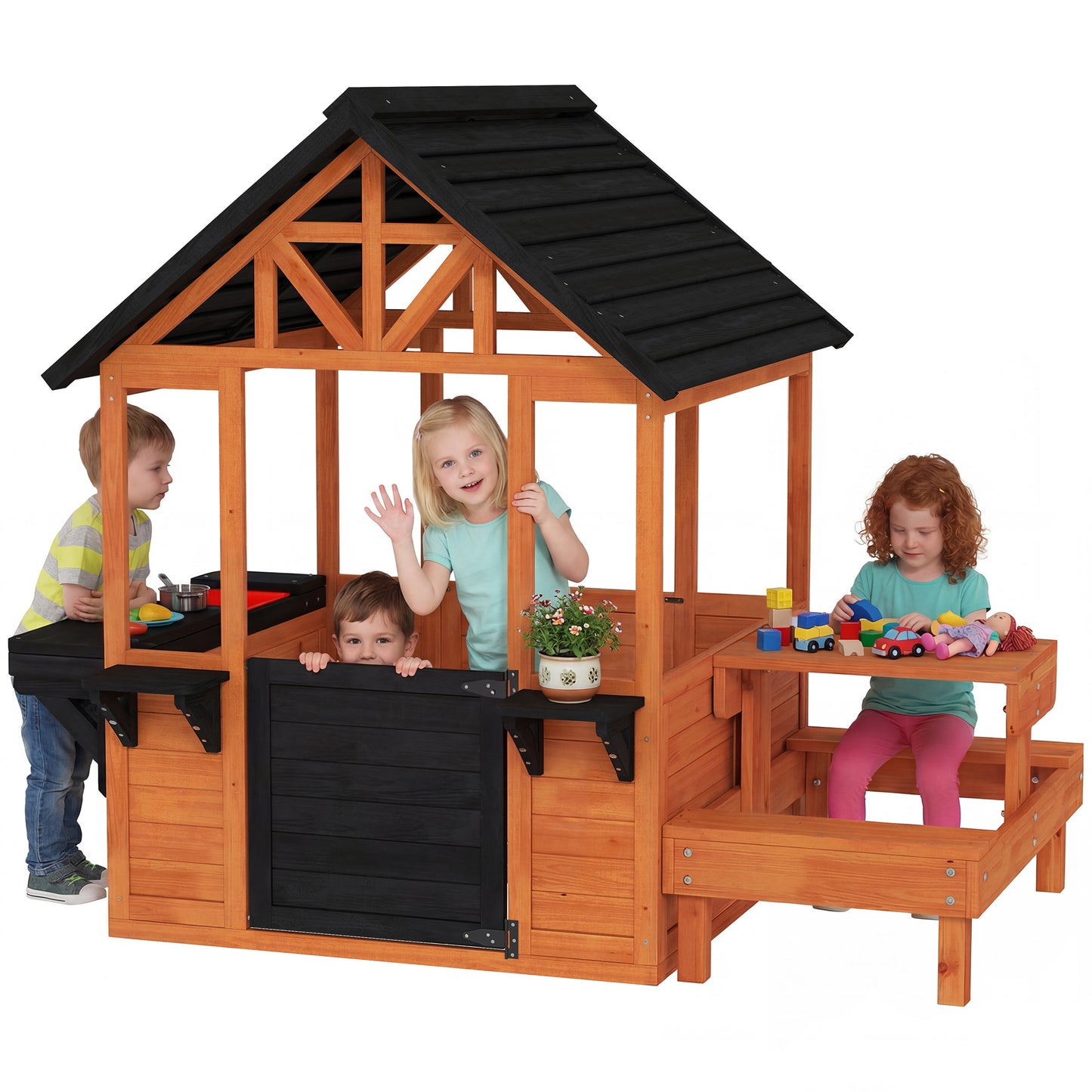 Wooden Playhouse for Kids with Table and Benches for Age 3-8, Brown