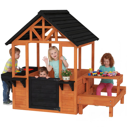 Wooden Playhouse for Kids with Table and Benches for Age 3-8, Brown