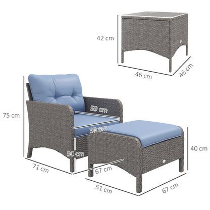 5 Pieces PE Rattan Garden Furniture Set, Wicker Outdoor Set w/ 2 Armchairs 2 Stools Glass Top Table Cushions, Blue