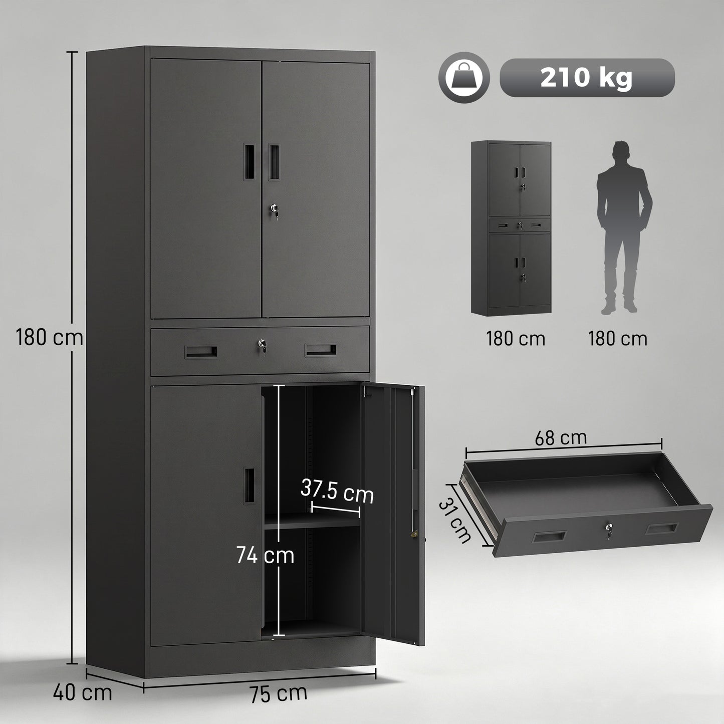 180cm Tall Tool Cabinet, Lockable Metal Storage Cabinet with Drawer
