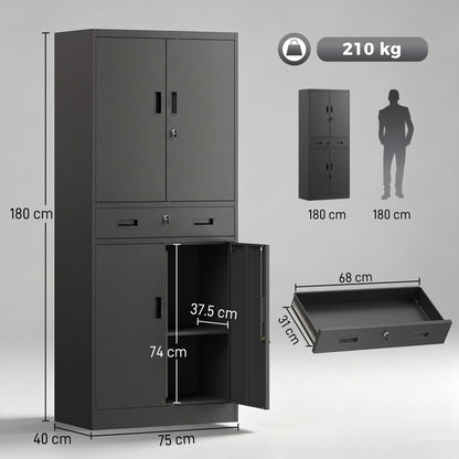 180cm Tall Tool Cabinet, Lockable Metal Storage Cabinet with Drawer